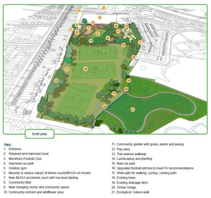 Draft aerial plan of the Merstham recreation ground layout